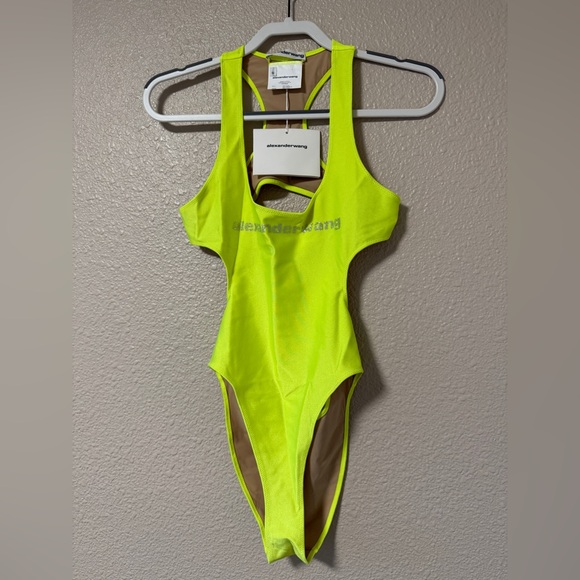 NWT Alexander Wang Neon Yellow Cutout One-Piece Swimsuit Logo Diamante Size S - Picture 7 of 12